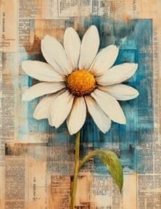White Daisy with Painterly Yellow Center on Bold Blue Newsprint