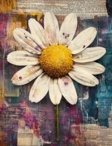 Weathered Daisy with Grunge Texture and Multicolor Newsprint