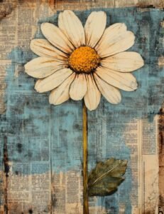 Single Daisy on Grungy Blue Antique Text