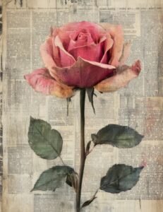 Soft Pink Rose on Faded Ephemera Page