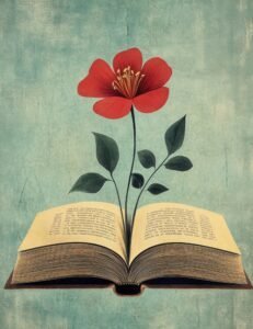 Red Bloom Rising from a Vintage Book
