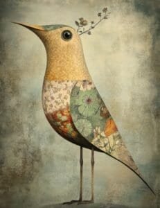 Surreal Garden Bird with Botanical Patchwork