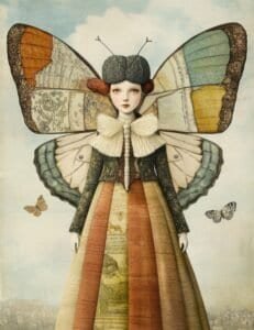Butterfly Woman in Patchwork Gown