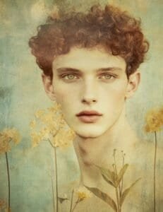 Young Man with Curly Hair and Floating Botanicals