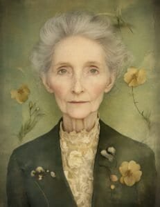 Elderly Woman with Green Backdrop and Dried Flowers