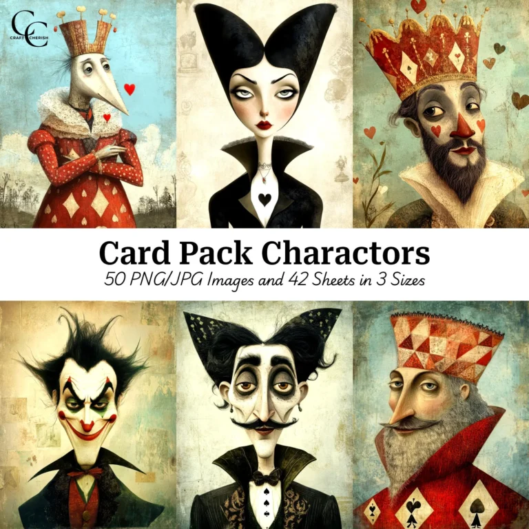 Card Pack Character Illustration, Whimsical Card Personalities High Quality Digital Download for Papercrafts, Junk Journals, and Scrapbooks