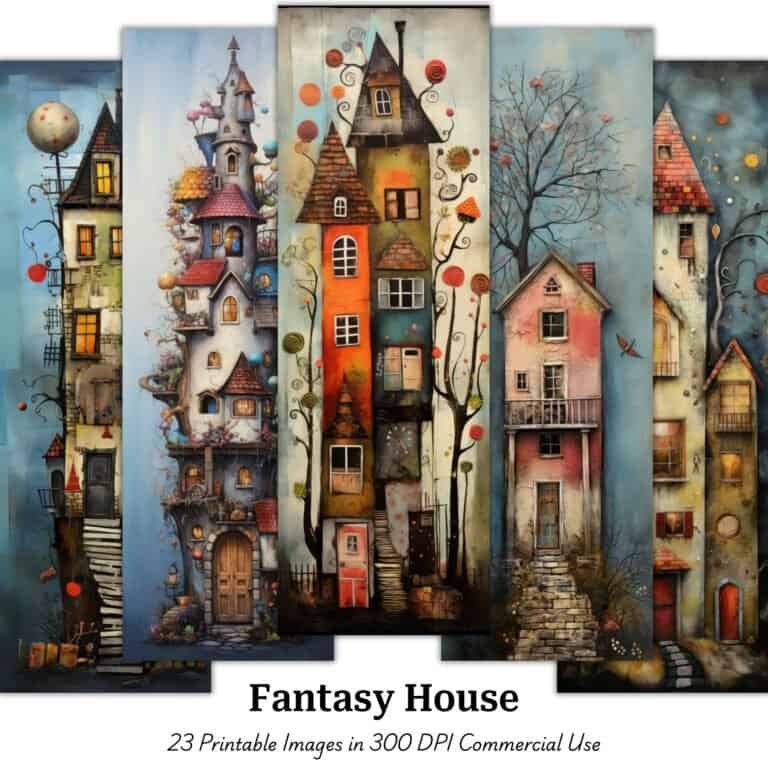 Creative Fantasy House Printable Bookmark Images, Whimsical House Clipart, High Quality Digital Download printables for Papercraft, Junk Journals, Scrapbooks, and Mixed Media