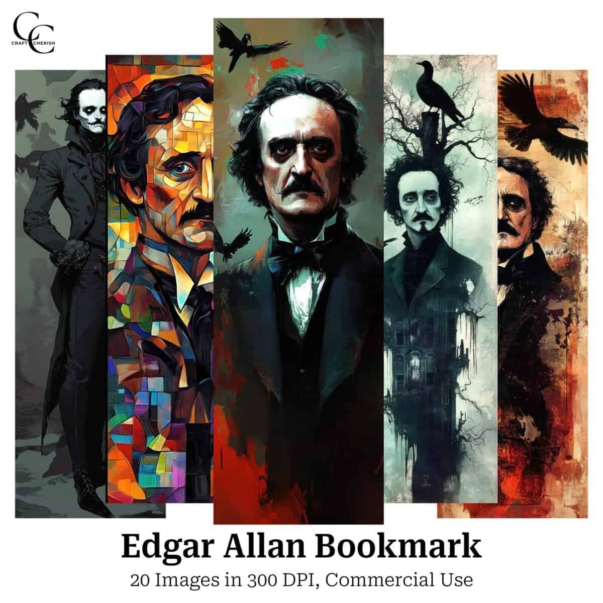 20 Edgar Allan Bookmark Printable Images, Whimsical Surreal Art, Papercraft, Junk Journal, Scrapbook, High Quality, Digital Download, CU
