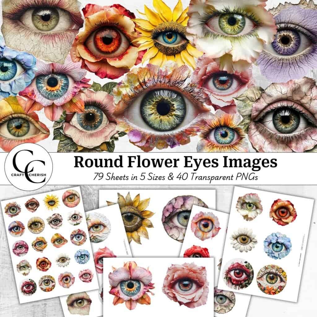 40 Round Flower Eyes Images, Floral Eye Clipart Sheets, Fussy Cut Transparent PNG Bundle, Junk Journal Ephemera Sheets, High Quality Digital Download
