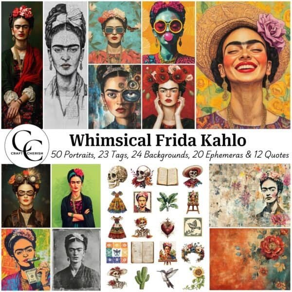 Whimsical Frida Kahlo Images, Mexican Surreal Digital Art, Portrait, Landscapes, Bookmark Tags, Junk Journal, Scrapbook, High Quality, Digital Download