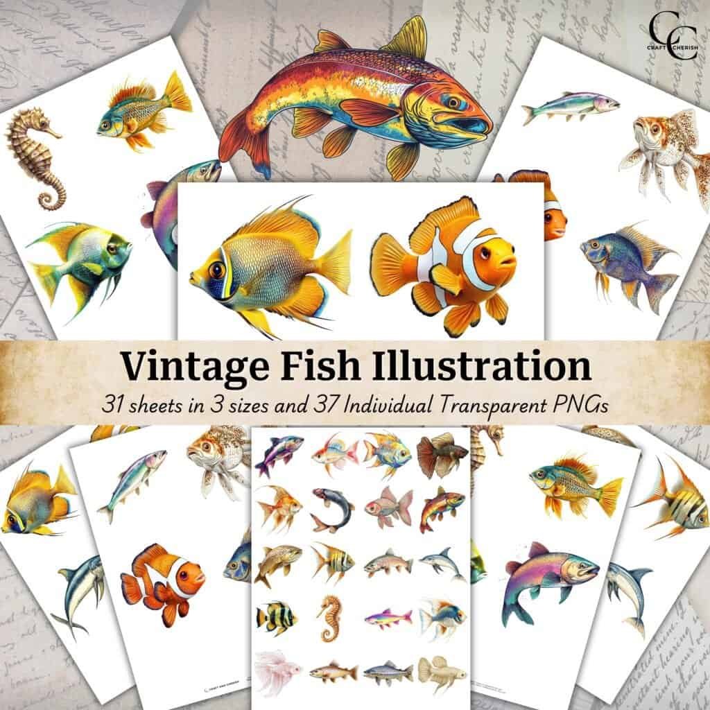37 Vintage Fish Illustration, Nautical Art, Hand-Colored Vintage Ephemera Sheets, Transparent Fussy Cut PNGs, Digital Download Sheets, Junk Journal, Scrapbooking Papercraft Printables