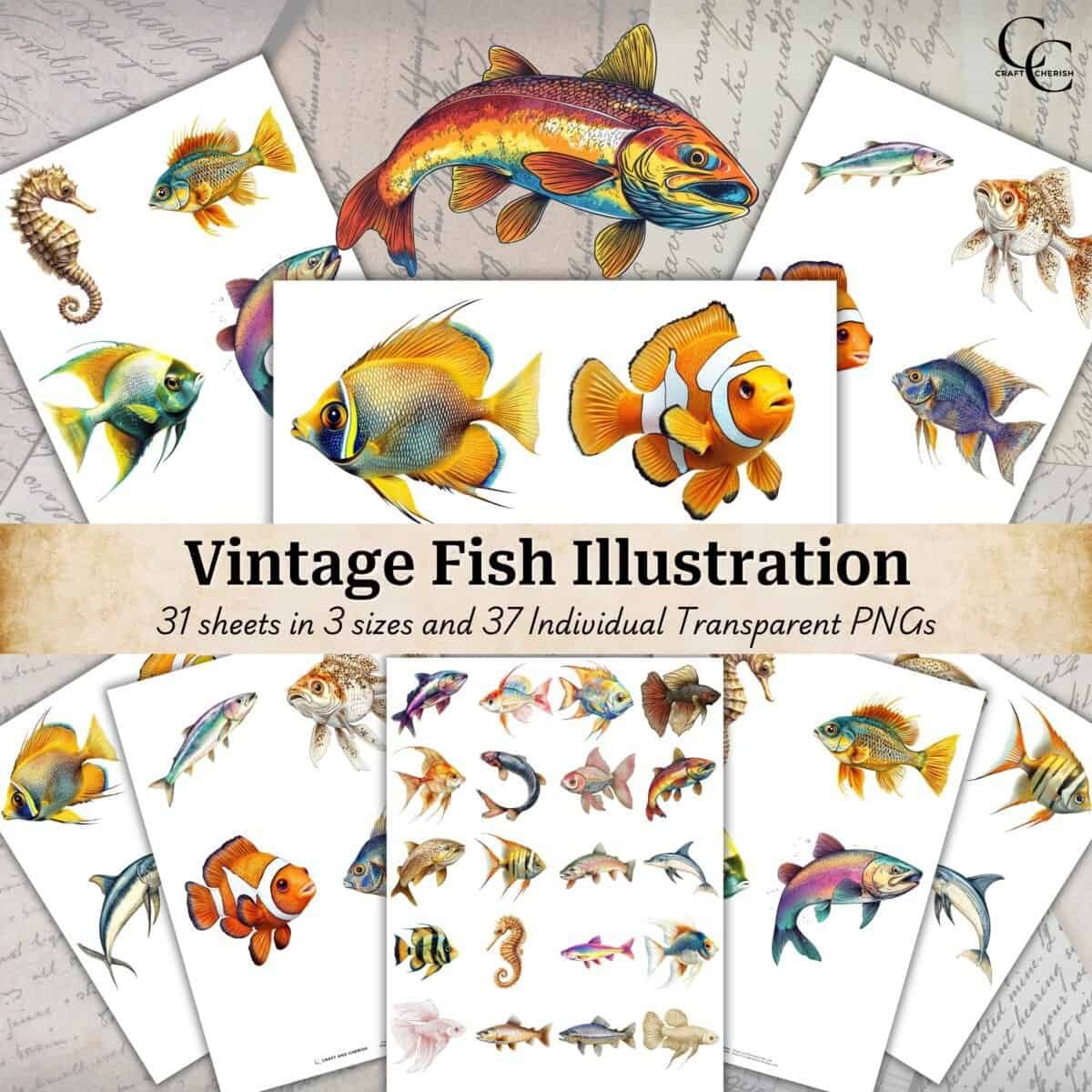 37 Vintage Fish Illustration, Nautical Art, Hand-Colored Vintage Ephemera Sheets, Transparent Fussy Cut PNGs, Digital Download Sheets, Junk Journal, Scrapbooking Papercraft Printables