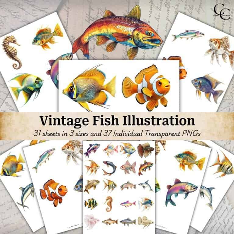 37 Vintage Fish Illustration, Nautical Art, Hand-Colored Vintage Ephemera Sheets, Transparent Fussy Cut PNGs, Digital Download Sheets, Junk Journal, Scrapbooking Papercraft Printables