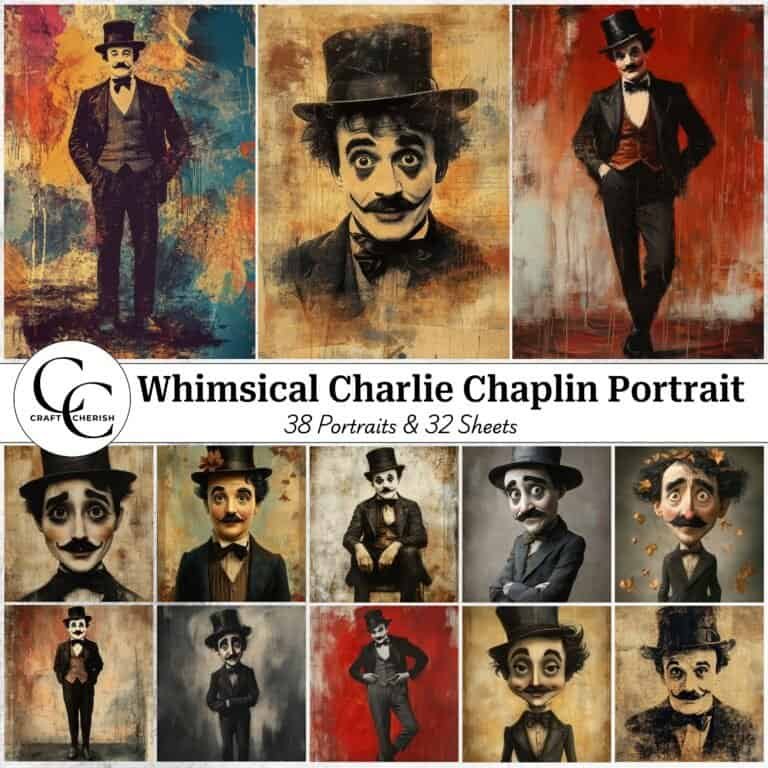 Whimsical Charlie Chaplin Portrait Images, Silent Comedian Art, High Quality Digital Download Printables for Papercraft, Junk Journals, and Scrapbooks