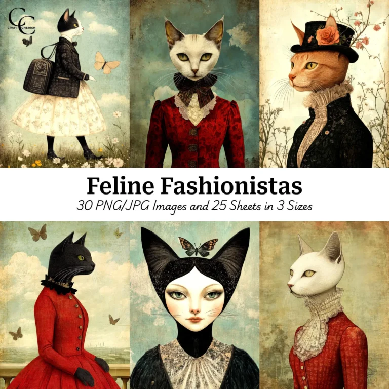 Feline Fashionistas Printable Images, Stylish Cat Illustrations High Quality Digital Download Printables for Papercraft, Journals, and Scrapbooks