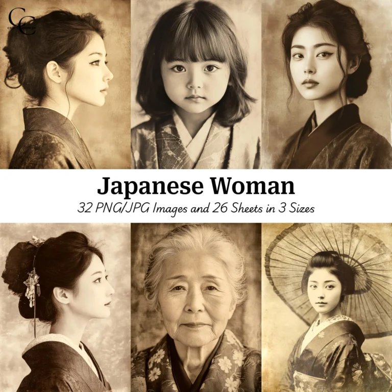Japanese Woman Portrait Images, Elegant Asian Girl High Quality Digital Download Printables for Papercraft, Scrapbooks, and Journals