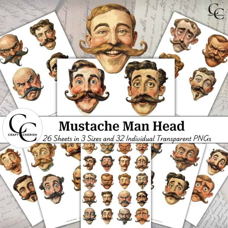 Quirky Moustached Head Printable Images, Funny Gentleman Portraits on Transparent Fussy Cut PNG Sheets, High Quality Digital Download for Vintage Ephemera, Journals, Scrapbooks