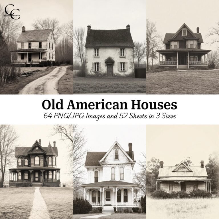 Old American Houses Printable Images, Black & White Vintage Homes High Quality Digital Download for Papercraft, Junk Journals, and Scrapbooks