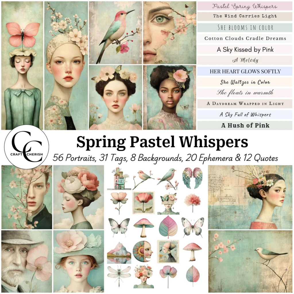 Dreamy Surreal Spring Portrait Art, Soft Pink & Mint Green Aesthetic, Bookmark Tag Images, Papercraft, Junk Journal, Scrapbook, High Quality, Digital Download