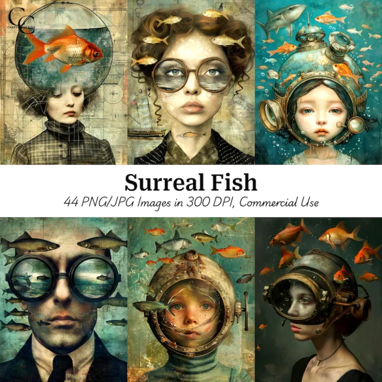 44 People with Fish-Filled Diving Helmets Printable Images, Underwater Fantasy, Paper Craft, Junk Journals, Digital Downloads, High Quality