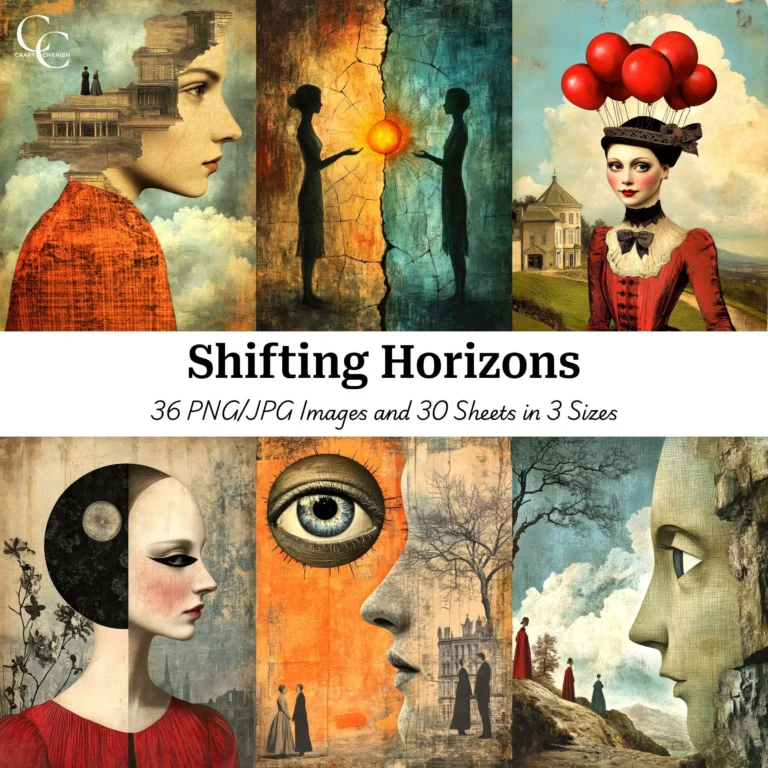 Shifting Horizons, Surreal Illustration Printable Images, High Quality Digital Download for Papercraft, Junk Journals, and Scrapbooks