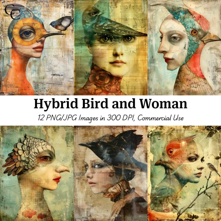 Surreal Hybrid Bird and Woman Printable Images, High Quality Digital Download Whimsical Feminine Collage Art for Papercraft, Junk Journals, and Scrapbooks