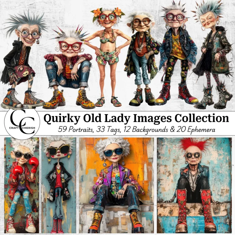Whimsical Quirky Old Lady Images Collection, Funny Rockstar Granny, High Quality Digital Download Portraits & Tags for Junk Journals, Scrapbooks, and Papercraft