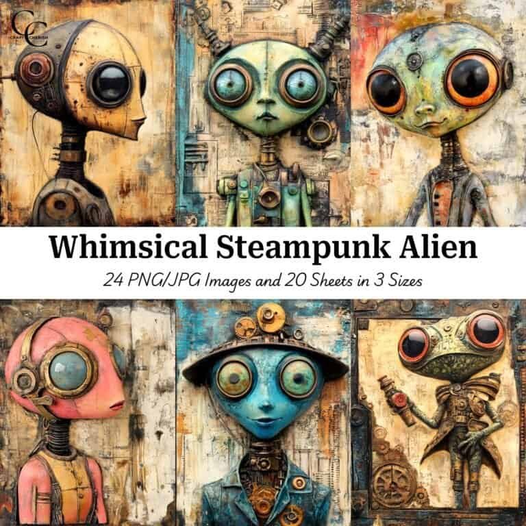 24 Whimsical Steampunk Alien, Papercraft, CU, Junk Journal, Scrapbook, High Quality, Digital Download