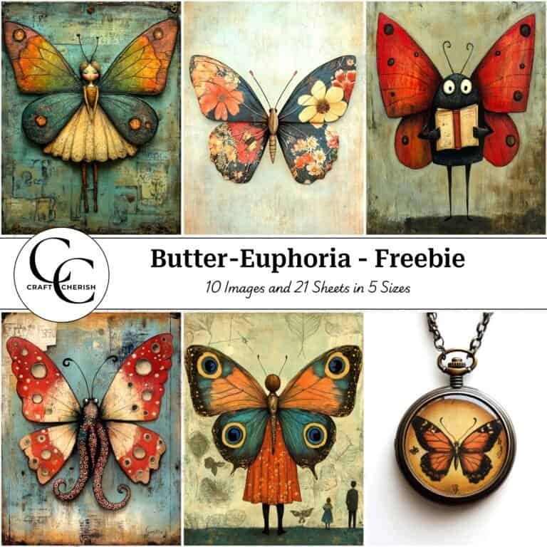 10 Free Surreal Mixed-Media Butterfly Images Vol-2 - Butter-Euphoria Book, Printable Sheets for Junk Journals