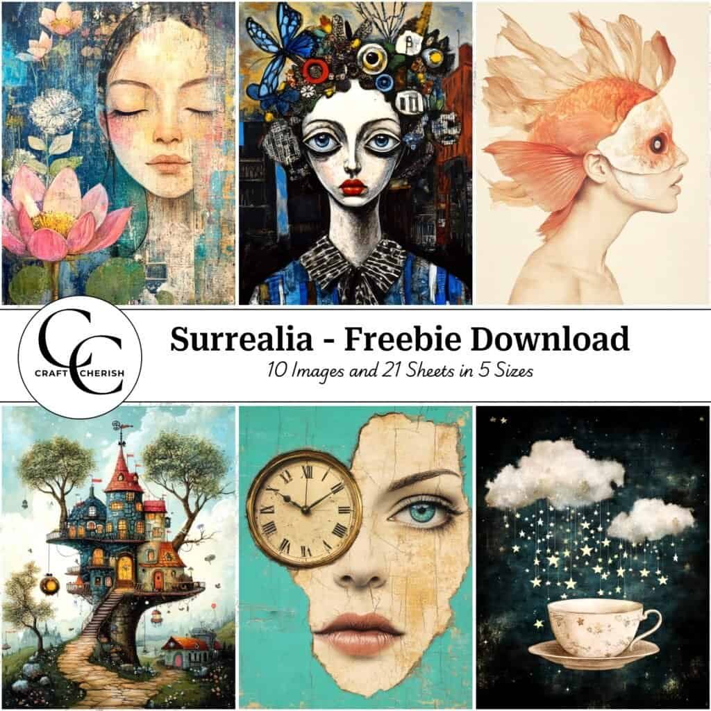 10 Free Surreal Mixed-Media Images Vol-1 - Surrealia Book, Printable Sheets for Junk Journals