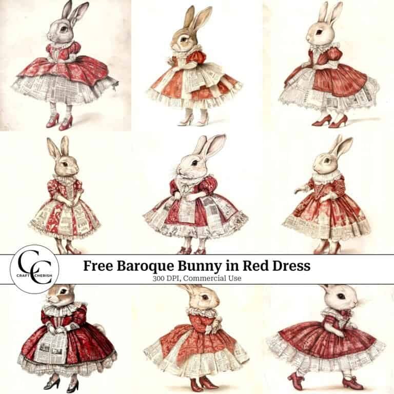 16 Free Baroque Bunny in Red Dress Images – Vintage Printable Sheets & Ephemera for Junk Journals