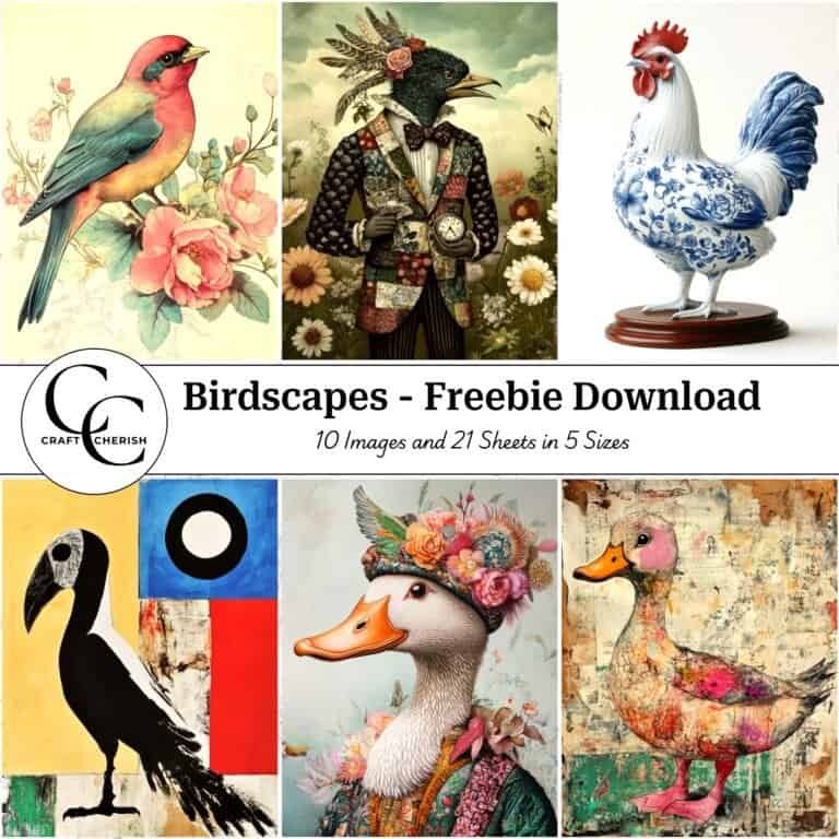 10 Free Surreal Mixed-Media Bird Images Vol-1 - Birdscapes Book, Printable Sheets for Junk Journals