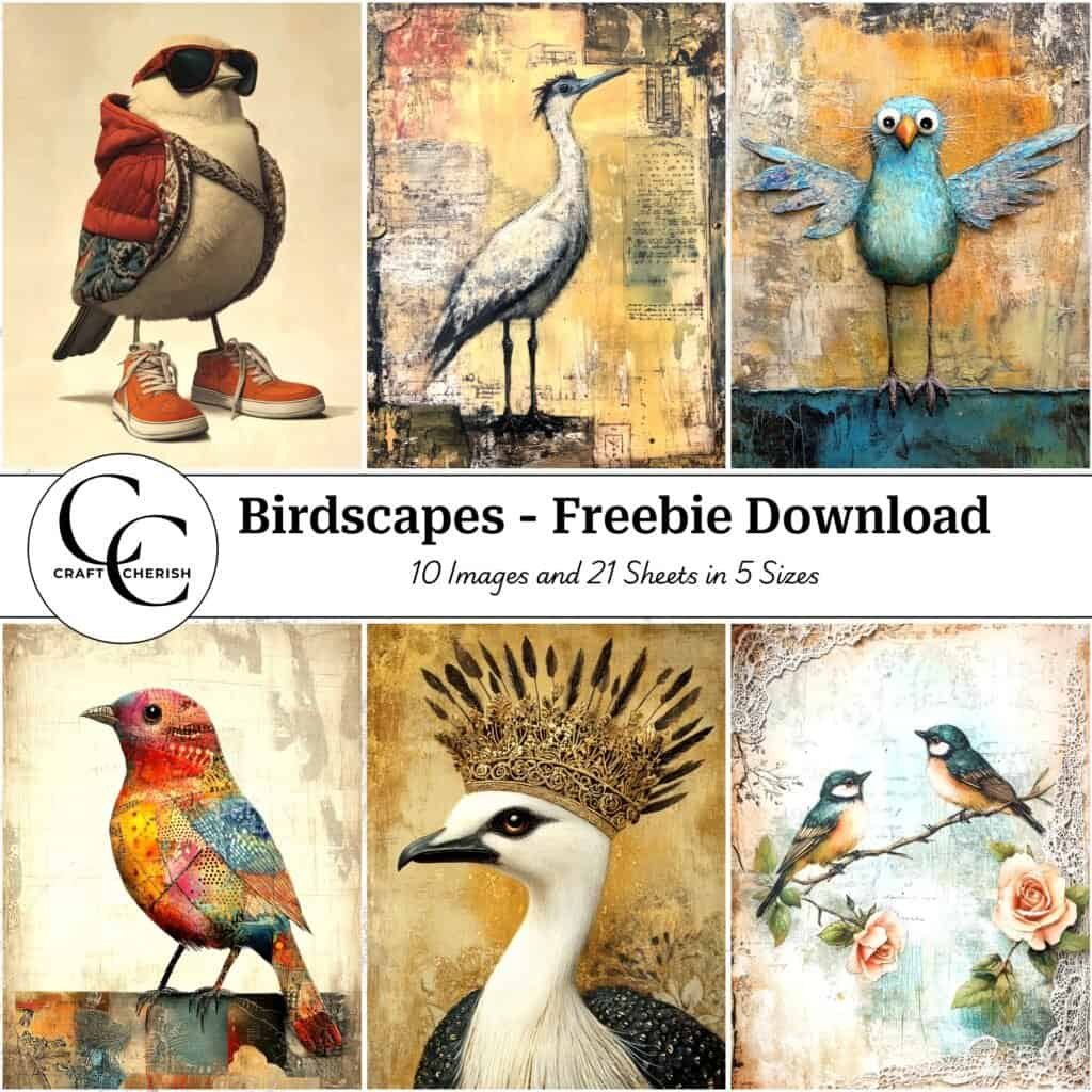 10 Free Surreal Mixed-Media Bird Images Vol-2 - Birdscapes Book, Printable Sheets for Junk Journals