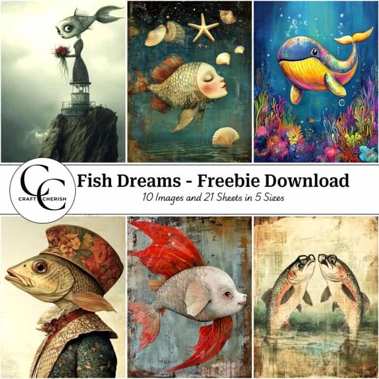 10 Free Surreal Mixed-Media Fish Images Vol-1 - Fish Dreams Book, Printable Sheets for Junk Journals