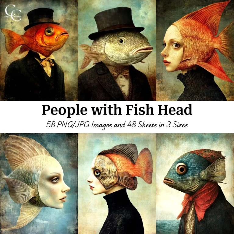 58 Fish Head People Digital Images, Whimsical Fish Head People, Papercraft, Scrapbooking, Journaling, High Quality, Digital Download
