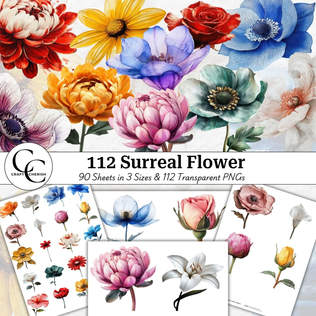 112 Surreal Flower Images, Botanical Fussy Cut Transparent PNG Bundle, Decorative Flower Cutouts, High Quality Digital Download for Paper Craft Collage