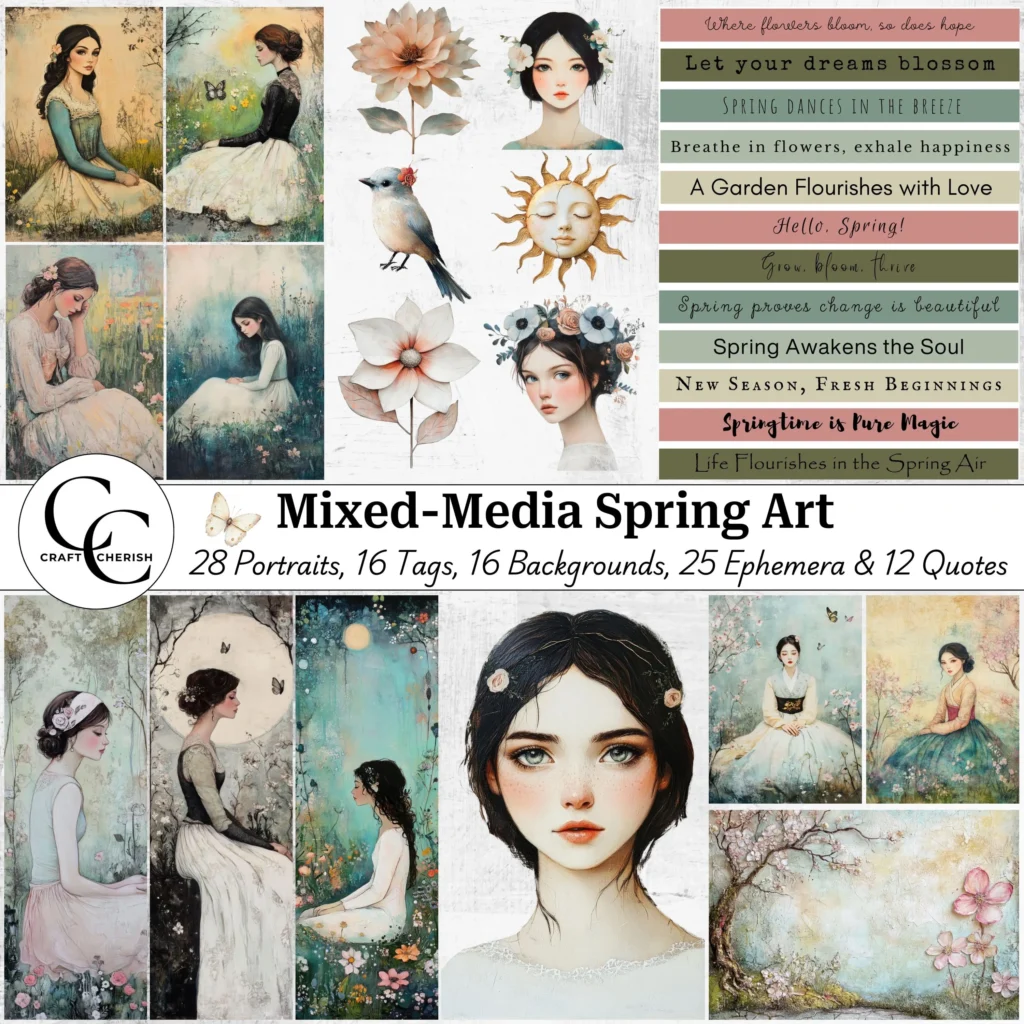 Mixed-Media Botanical Spring Art, Digital Art, Portrait, Background Papers, Bookmark Tags, Junk Journal, Scrapbook, High Quality, Digital Download