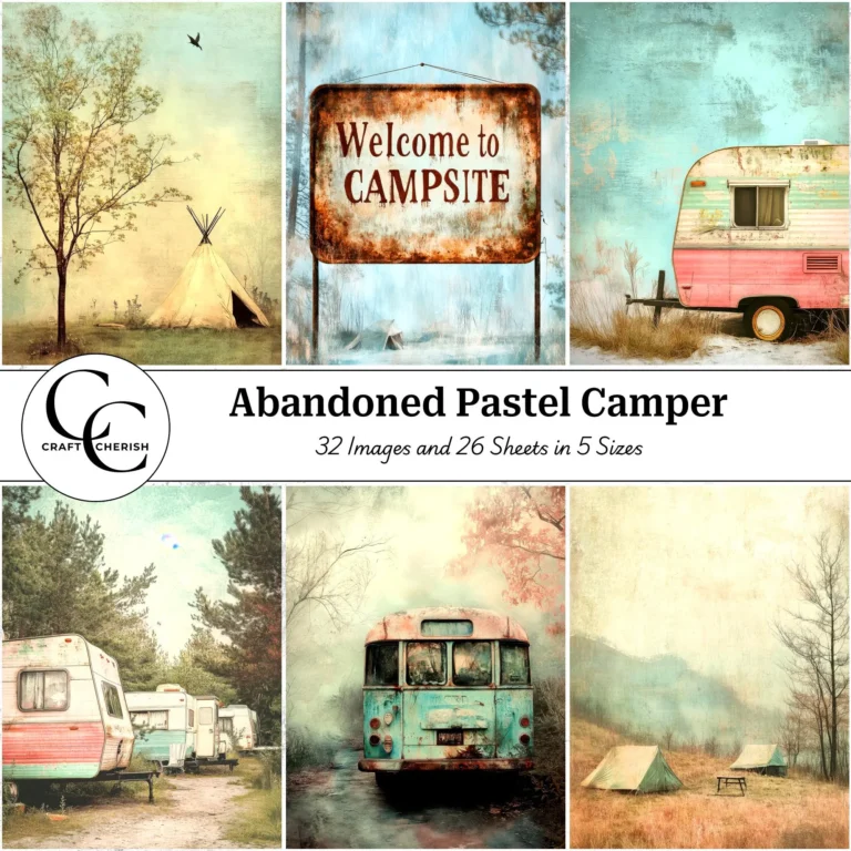 Abandoned Pastel Camper Images – Vintage Ruined Vehicle High Quality Digital Download Printables for Papercraft, Scrapbooks, and Journals