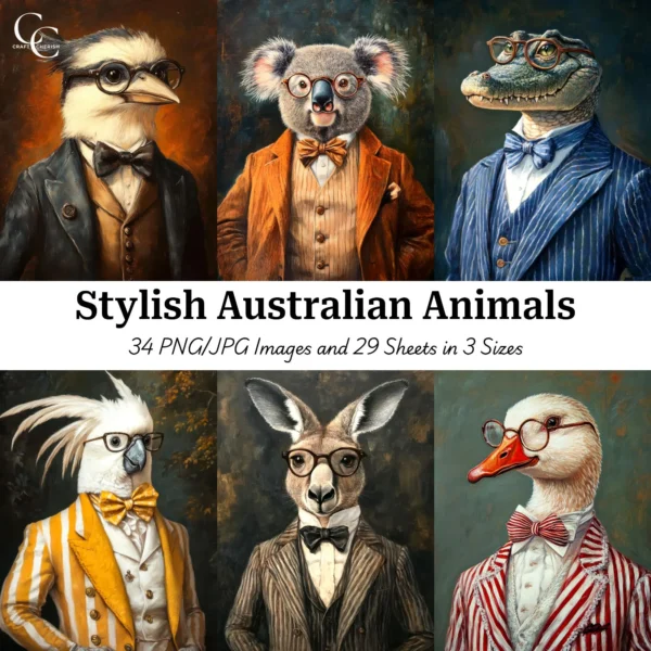 Australian Animals in Suit Art – Whimsical Dressed Animals High-Quality Digital Download Portraits