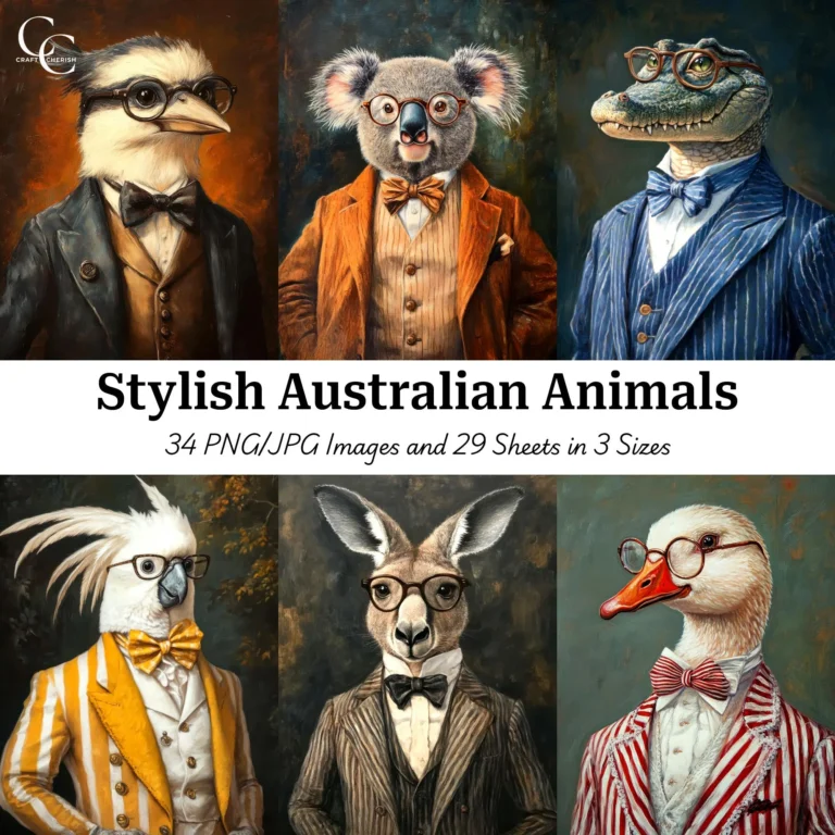 Australian Animals in Suit Art – Whimsical Dressed Animals High-Quality Digital Download Portraits for Papercraft, Junk Journals, and Scrapbooks