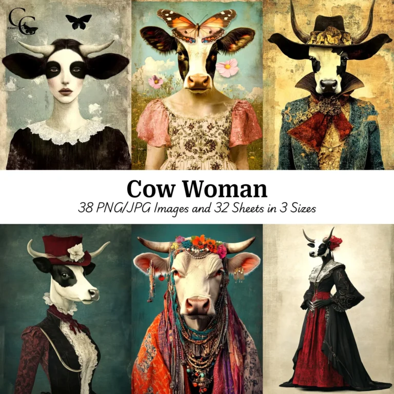Cow Woman Portrait Printable Images – Surreal Female Character, High Quality Digital Download Art for Papercraft, Junk Journals, and Scrapbooks