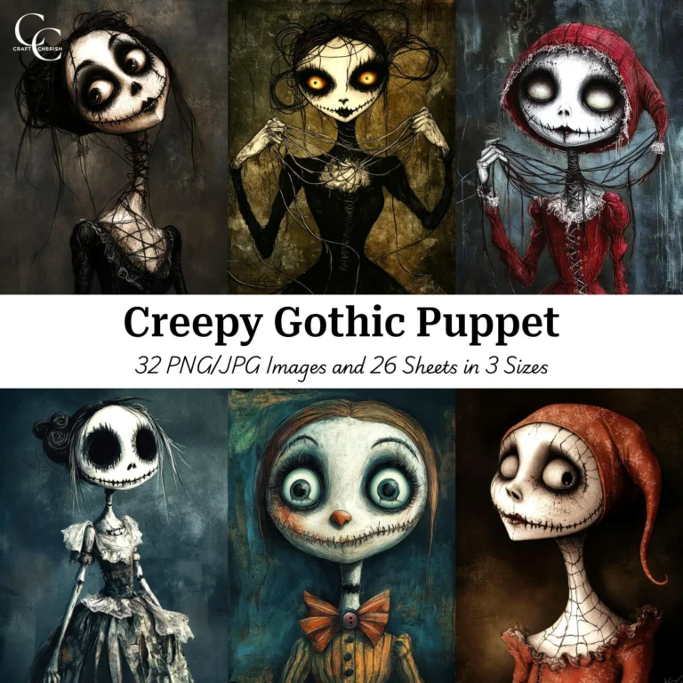 Creepy Gothic Puppet Printable Images – Eerie Dolls & Scary Marionette Art, High Quality Digital Download for Papercraft, Junk Journals, and Scrapbooks