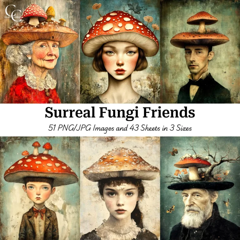 Mushroom Gang Printable Images – Whimsical Fungi People Portraits High Quality Digital Download for Papercraft, Junk Journals, and Scrapbooks