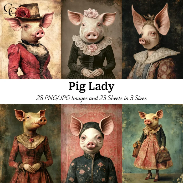 Pig Face Woman Printable Images – Surreal Whimsical Pig Lady, High Quality Digital Download Art for Papercraft, Junk Journals, and Scrapbooks