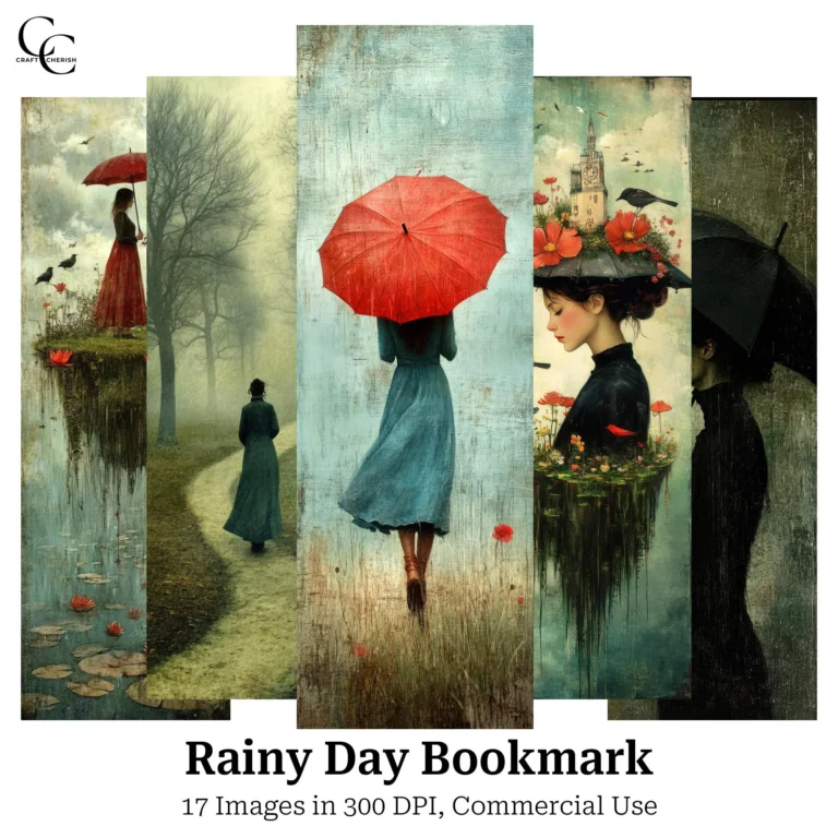 Rainy Day Bookmark – Surreal Woman with Umbrella Art High Quality Digital Download for Papercraft, Junk Journals, and Scrapbooks
