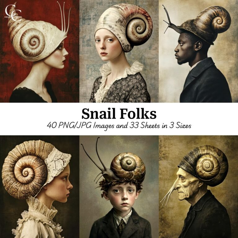 Snail Folks – Creepy Snail Head People High Quality Digital Download Portraits for Papercraft, Junk Journals, and Scrapbooks
