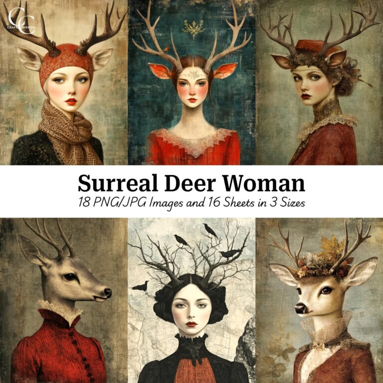 Surreal Deer Woman Printable Images – Weird Deer People Portraits High Quality Digital Download for Papercraft, Junk Journals, and Scrapbooks