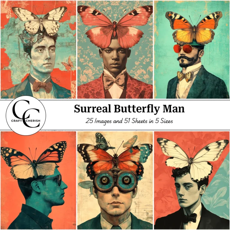Whimsical Butterfly Man Art – Surreal Butterfly Head High Quality Digital Download Illustration for Papercraft, Junk Journals, and Scrapbooks
