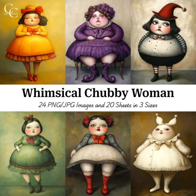 Whimsical Chubby Woman Illustration – Fancy Fat Lady Cartoon High Quality Digital Download for Papercraft, Scrapbooking, and Journaling