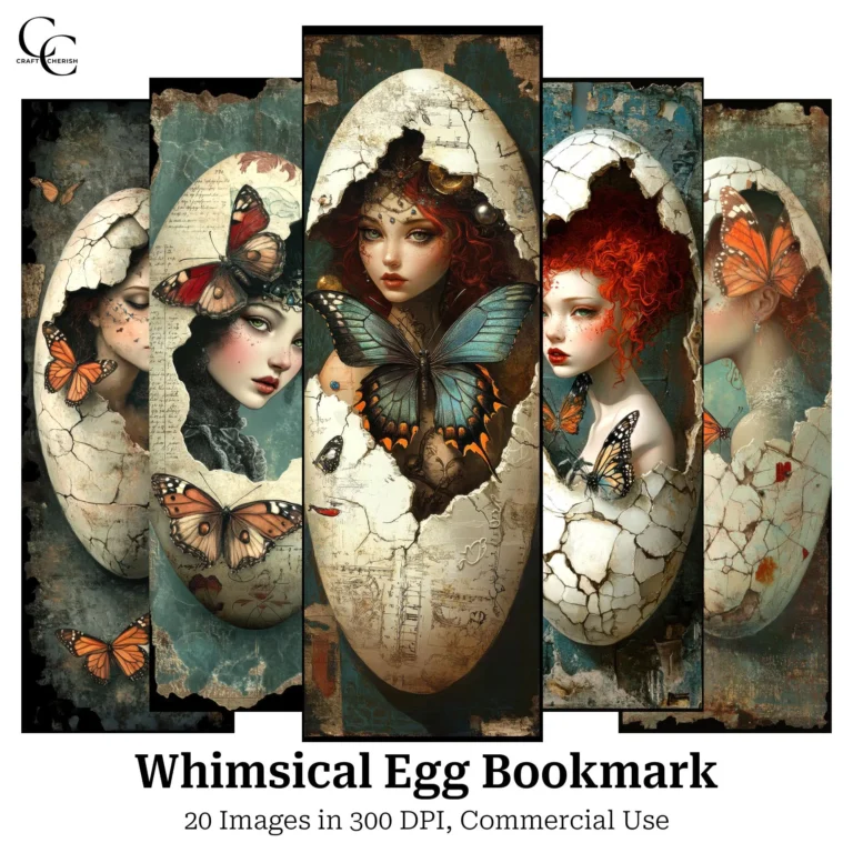 Whimsical Egg Bookmark – Fantasy Surreal Woman Art, High Quality Digital Downloadfor Papercraft, Junk Journals, and Scrapbooks